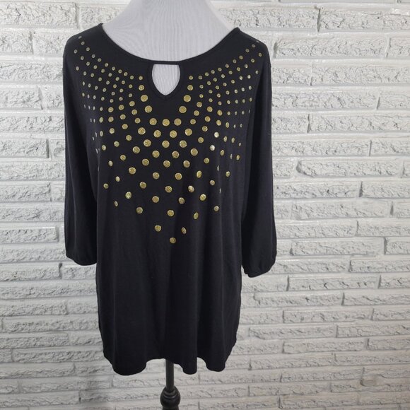 Just My Size Women Top 2X Plus 3/4 Sleeve Black Glitter Polka Dot BLA134E - Picture 1 of 8
